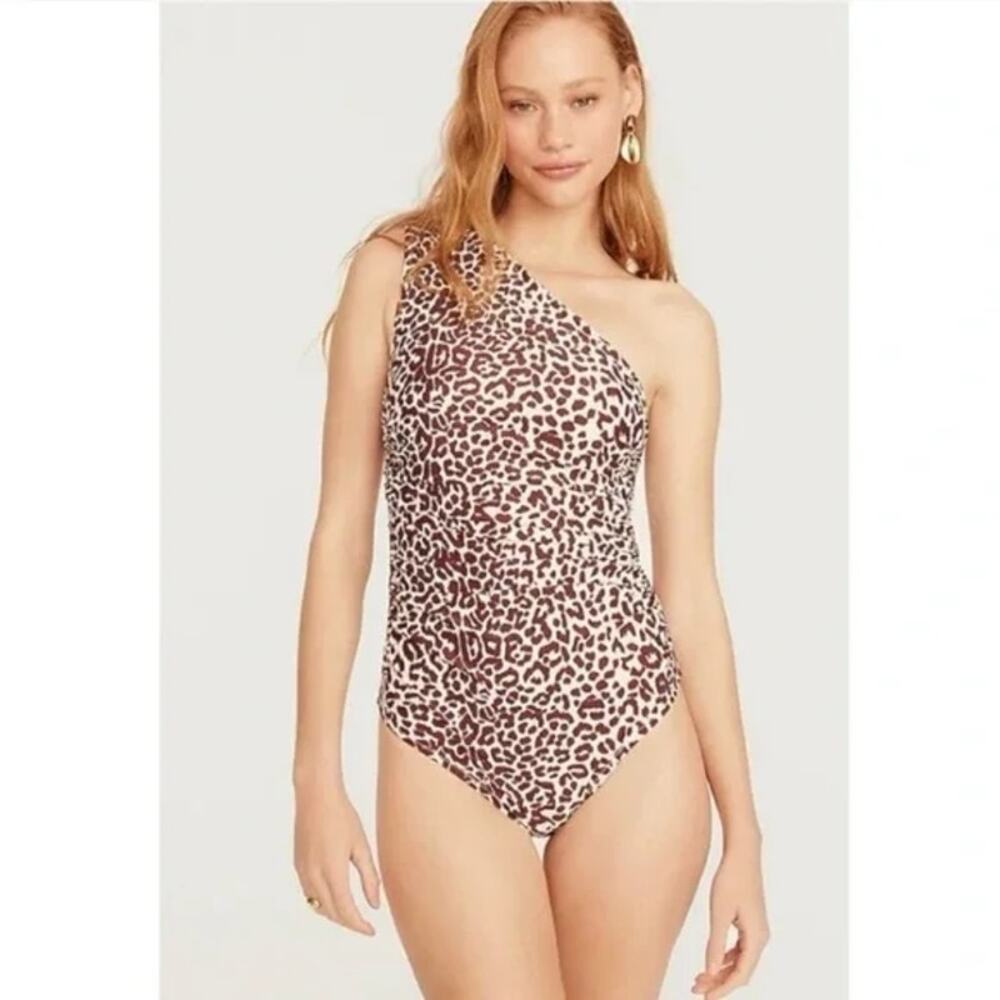 New J. Crew Leopard Print One Shoulder Ruched One-Piece Swim Bathing Suit Size 0